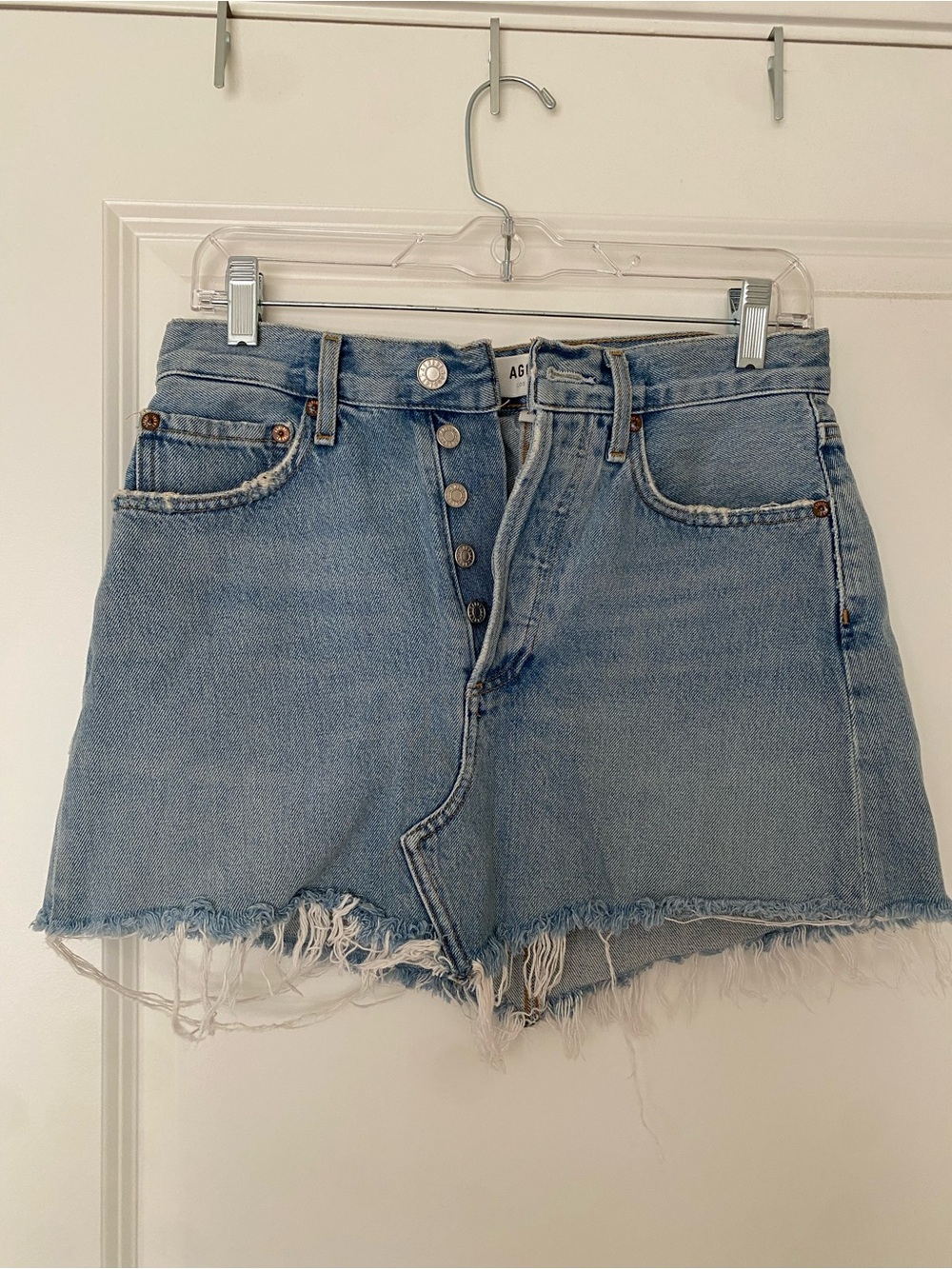 AGOLDE Light Wash Frayed Hem Denim Skirt